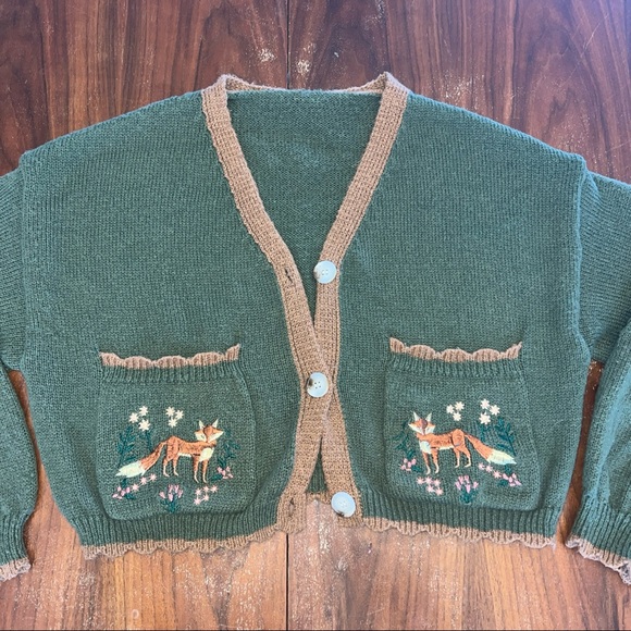 ROMWE Sweaters - Women XL FairyCore Fox  Forest Knit Cardigan Embroidered Nature GrandmaCore